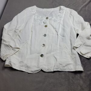 Ruby‎ White Embroidery Linen Jacket Decorative Collar Button Front Womens Medium